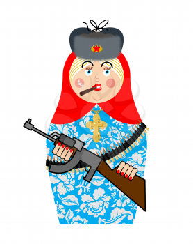 Military Matrioshka with gun. New Russian folk Nested doll. National toy. Traditional toy in Russia  
