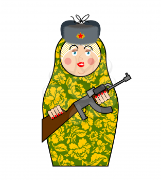 Military Matrioshka with gun. New Russian folk Nested doll. National toy. Traditional toy in Russia  
