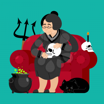 Witch in chair. Skull and black cat. Sorceress and Magic Pot Potion
