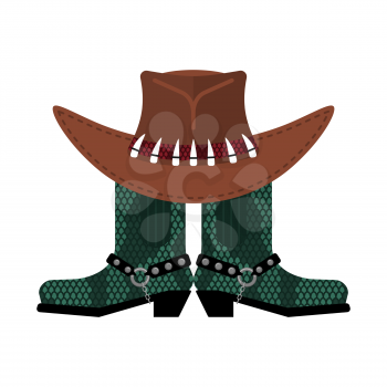 Australian hat and crocodile skin boots. Cowboy cap and python leather shoes. Western clothes and rodeo shoe
