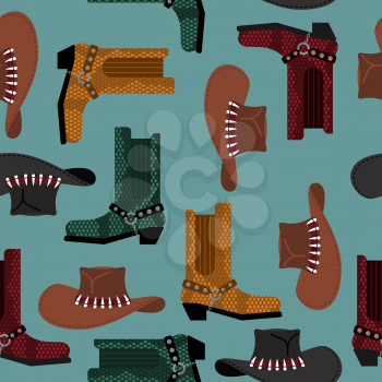 Cowboy pattern. Australian hat and crocodile leather boots. Western clothing and rodeo shoes background
