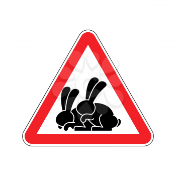 Attention rabbit sex. Caution bunny hare intercourse. Red triangle road sign
