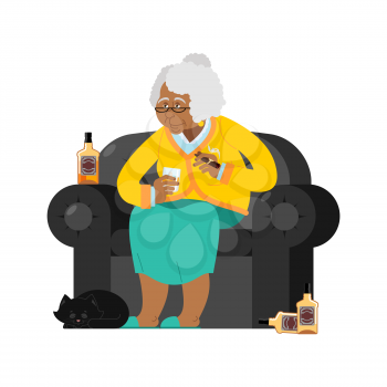 African American Grandmother drinks alcohol Smoke cigar. old woman in an armchair with bottle Whiskey. grandma and cat. Brandy and Tequila Glass
