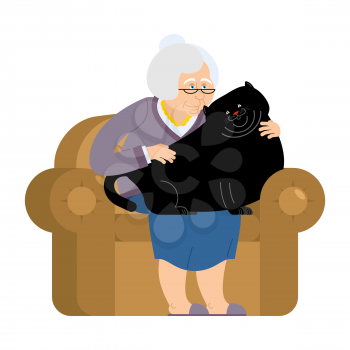 Grandmother and fat cat sitting on chair. granny cat lady. grandma and big pet. old woman and large animal. gammer and Beast
