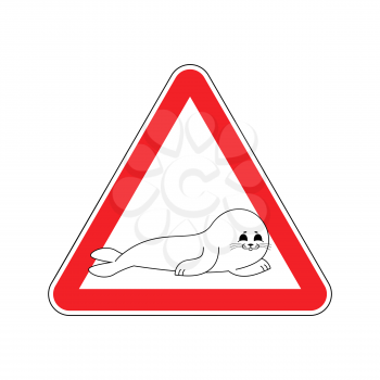 Attention Fur Seal. Caution small sea calf. Red triangle road sign
