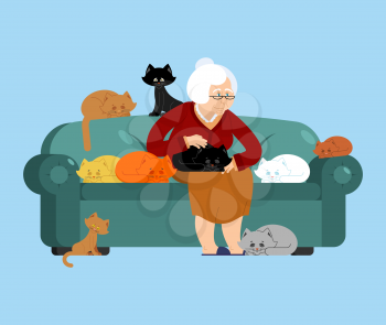 Grandmother and cat sitting on chair. granny cat lady. grandma and pet. old woman and animal. gammer and Beast

