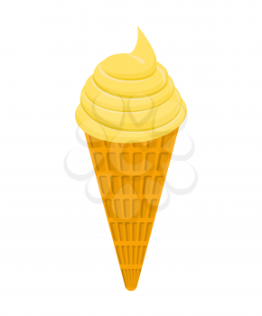 Yellow cone Ice cream taste mango. Dessert waffle cup. Sweetness
