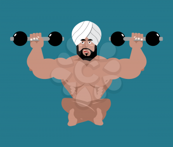 Indian sportsman. Fitness athlete from India. Yoga with dumbbells. Bodybuilder in turban
