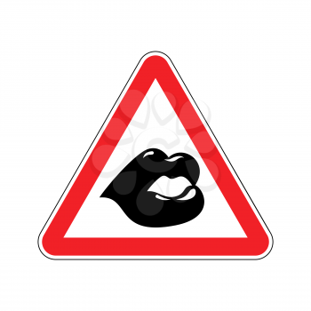 Attention kisses. Lips on red triangle. Road sign Caution
