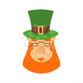 Leprechaun in green hat face. Head with Red beard. Portrait for St. Patricks Day celebration in Ireland
