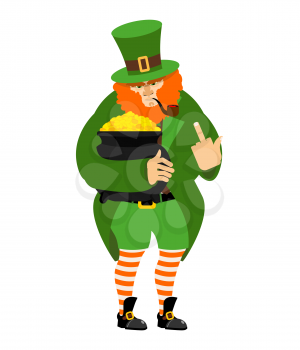 Angry Leprechaun fuck and pot of gold. dwarf in green clothes. boiler of golden coins. St.Patrick s Day. National Holiday in Ireland
