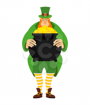 Leprechaun and pot of gold. dwarf in green clothes and boiler of golden coins. St.Patrick s Day. National Holiday in Ireland
