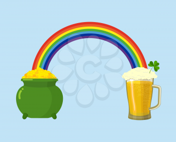 Pot of gold and mug beer. Treasures leprechaun and rainbow. St. Patricks  Day in Ireland
