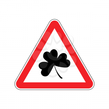 Irishman Warning. Clover on red triangle. Road sign attention shamrock
