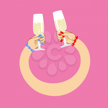 Womens hands to drink wine to clink.  glass of champagne. Lesbian wedding. LGBT illustration