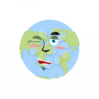 Earth winking Emoji. Planet merry emotion isolated

