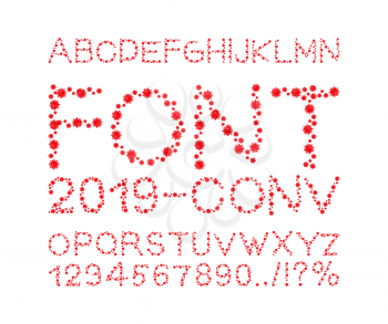  2019-ncov font. Pandemic Coronavirus letters. Virus sign. Bacteria ABC. Global epidemic disease font
