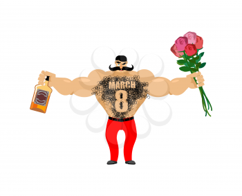 March 8. Brutal macho congratulate. bottle of wine and bouquet of roses. Male torso with hair. Epilation figure eight. Men's gift for International Women's Day.