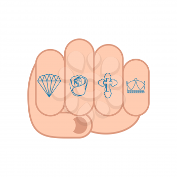 Fist with tattoos on fingers. sign Brilliant and rose. Cross and Crown