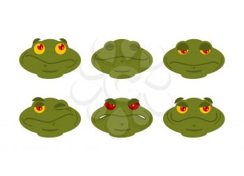 Frog emoji set. toad Avatar Good and evil amphibious. Sleeps and winks. Joy and sadness face reptile
