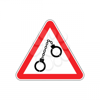 Warning police. Handcuffs on red triangle. Road sign attention
