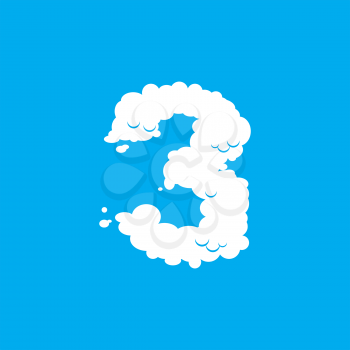 Number 3 cloud font symbol. White Alphabet sign three on blue sky