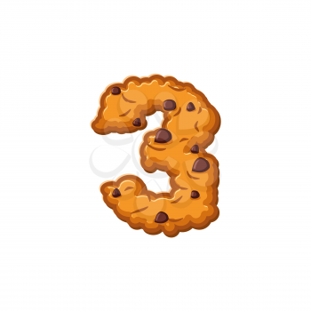 Number 3 cookies font. Oatmeal biscuit alphabet symbol three. Food sign ABC
