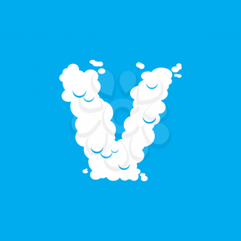 Letter V cloud font symbol. White Alphabet sign on blue sky