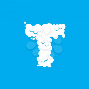 Letter T cloud font symbol. White Alphabet sign on blue sky