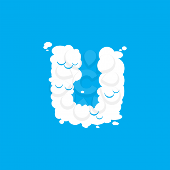 Letter U cloud font symbol. White Alphabet sign on blue sky