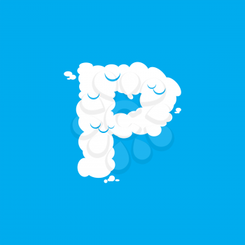 Letter P cloud font symbol. White Alphabet sign on blue sky