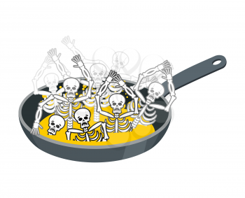 Sinner fry in pan. Skeleton in boiler. Cook sinners in oil. Religion illustration. Hell symbol. Hells torments 
