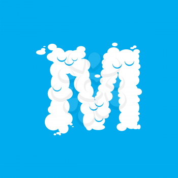 Letter M cloud font symbol. White Alphabet sign on blue sky