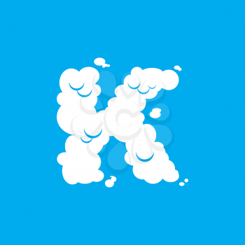 Letter K cloud font symbol. White Alphabet sign on blue sky
