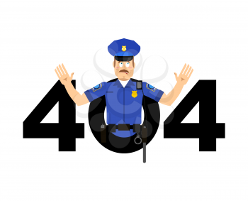 Error 404. Policeman surprise. Page not found template for web site. Cop does not know and is surprised. Page lost and found message.