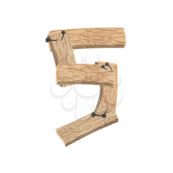 Number 5 wood board font. Five symbol plank and nails alphabet. Lettering of boards. Country chipboard ABC