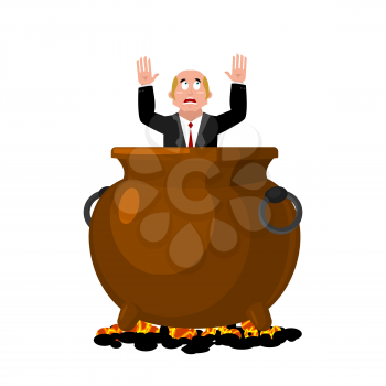 Businessman in infernal cauldron. sinner in frying pan. boss is frying on hellfire. Religion is punishment for sins
