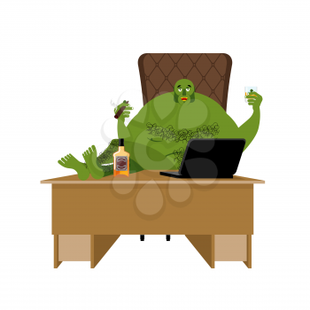 Internet troll. Big green goblin sits at laptop. Org and computer. Green Monster writes comments