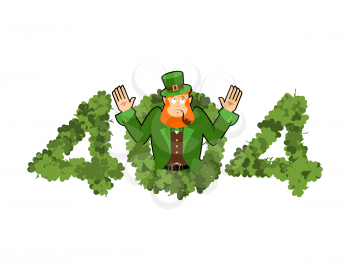 Error 404. leprechaun is surprise. Page not found template for web site. Irish dwarf does not know and is surprised. Page lost and found message. problem disconnect in Ireland
