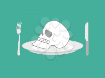 Skull on plate. Head of skeleton on dish. Knife and fork
