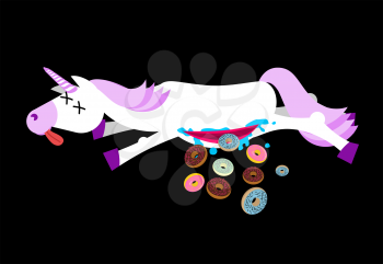 Anatomy unicorn From belly Intestines fell donut. Dead  Fantastic animal with horn and doughnut. Corpse is mythical beast