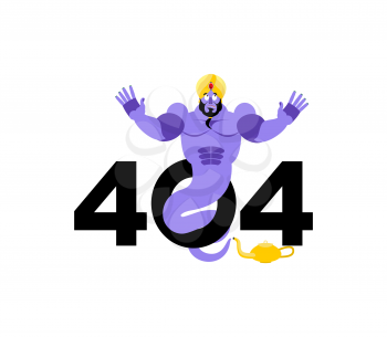 Error 404. Genie surprise. Page not found template for web site. Arabic magic spirit does not know and is surprised. Page lost and found message. problem disconnect