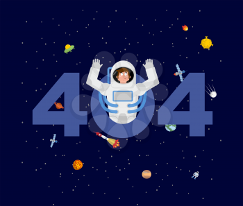 Error 404. astronaut surprise. Page not found template for web site. spaceman does not know and is surprised. Page lost and found message. problem disconnect
