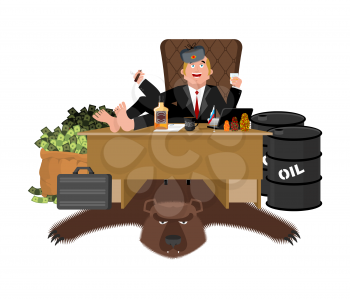 Russian oligarch sits at table and drinks whiskey. To smoke cigar. Rich man and bag of money. Businessman from Russia. Lot of cash. Office of moneybags. Bear skin and barrel of oil