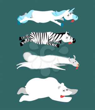 Dead animals set 1. Unicorn and zebra. Llama and polar bear. animal is death. Corpse of Beast