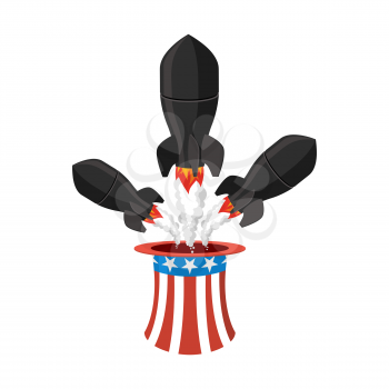 Missile USA. Rocket fly of hat Uncle Sam. American air bomb. America defense weapons
