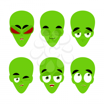 Green alien emoji. emotion set. Aggressive and good UFO face. Surprised and sleep. Space invader avatar collection
