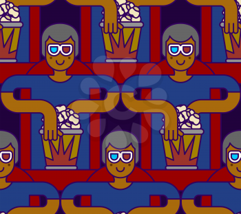 Cinema seamless pattern. Spectator in stereo glasses and popcorn background. viewer background