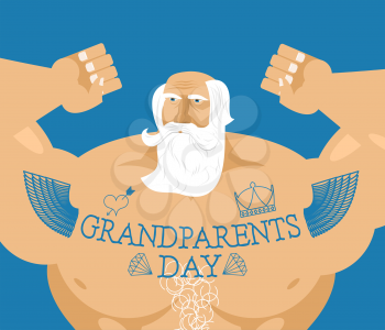 Grandparents Day. Strong grandfather with tattoos. Gray-haired beard. Day of grandmother and grandfather. Holiday of elderly person
