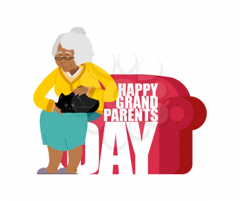 Grandparents Day. Day of grandmother and grandfather. grandma with cat. Holiday of an elderly person. Pet and old man
